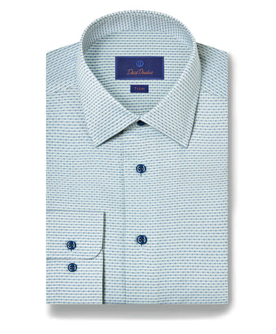 The David Donahue Stripe Chk Shirt TBSP11002 features a light green small check pattern, buttoned cuffs, and a spread collar, neatly folded and displayed on a white background.