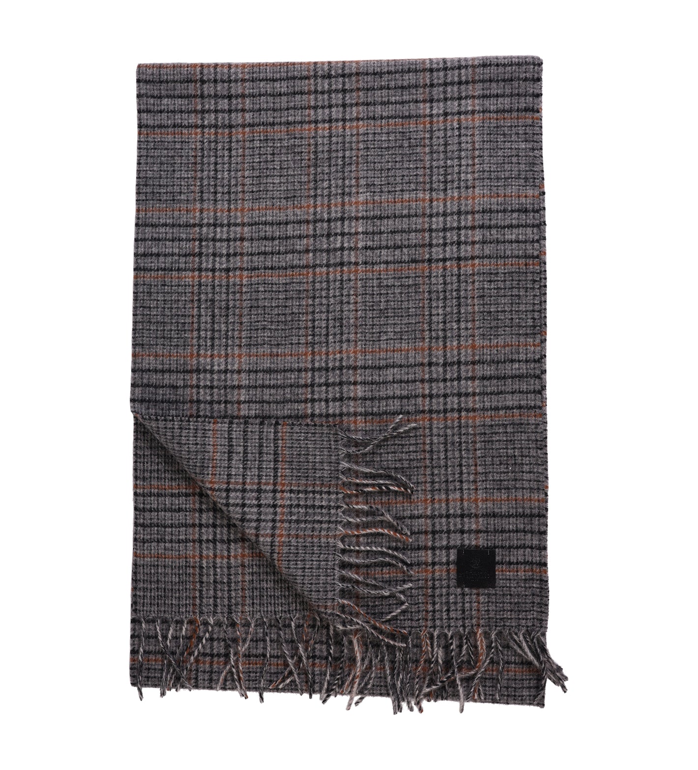 The Amanda Christensen Check Pattern Scarf 440700 features a gray check design, fringed ends, and a subtle black label—an elegant wool accessory from Amanda Christensen, shown folded on a white background.