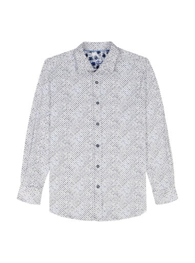 The Robert Graham Montagu Knit Sport Shirt Big & Tall by Robert Graham is a long-sleeve, button-up stretch nylon shirt with a small blue and white geometric lattice print, shown laid flat on a white background.