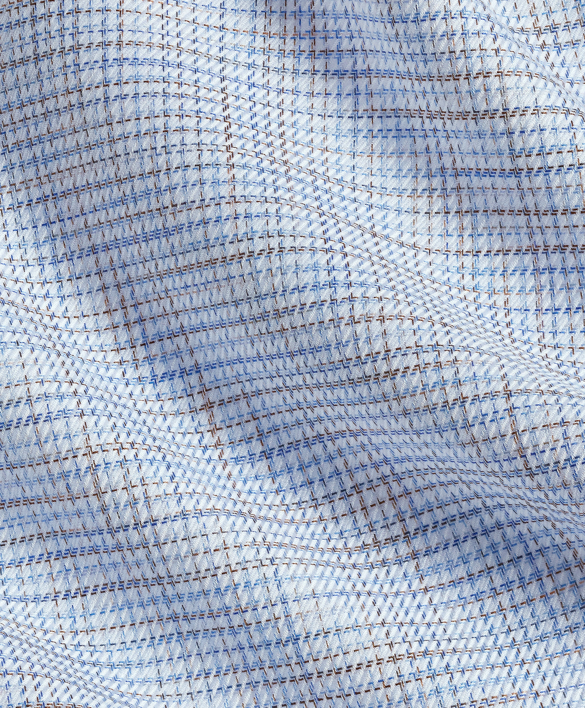 Close-up of the David Donahue Blue & Chocolate Multi Check Dress Shirt TBSP13805 in soft Pima cotton, showing texture and gentle folds—a signature David Donahue shirt.