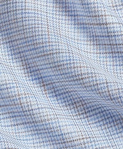 Close-up of the David Donahue Blue & Chocolate Multi Check Dress Shirt TBSP13805 in soft Pima cotton, showing texture and gentle folds—a signature David Donahue shirt.