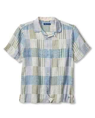 The Tommy Bahama Patchwork Sands Shirt Big & Tall is a short-sleeve button-up made from soft pima cotton with a muted blue, green, and beige plaid pattern and subtle contrast stitching, shown against a white background.