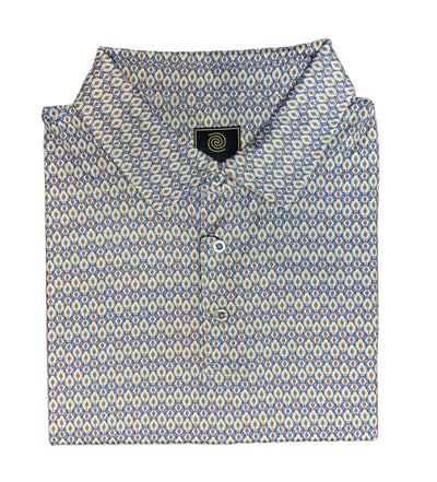 The F/X Fusion Big & Tall Men's Polo Geo 2303 is a folded short-sleeve performance shirt with a blue and beige geometric pattern and a black tag inside the collar, from the brand F/X Fusion.