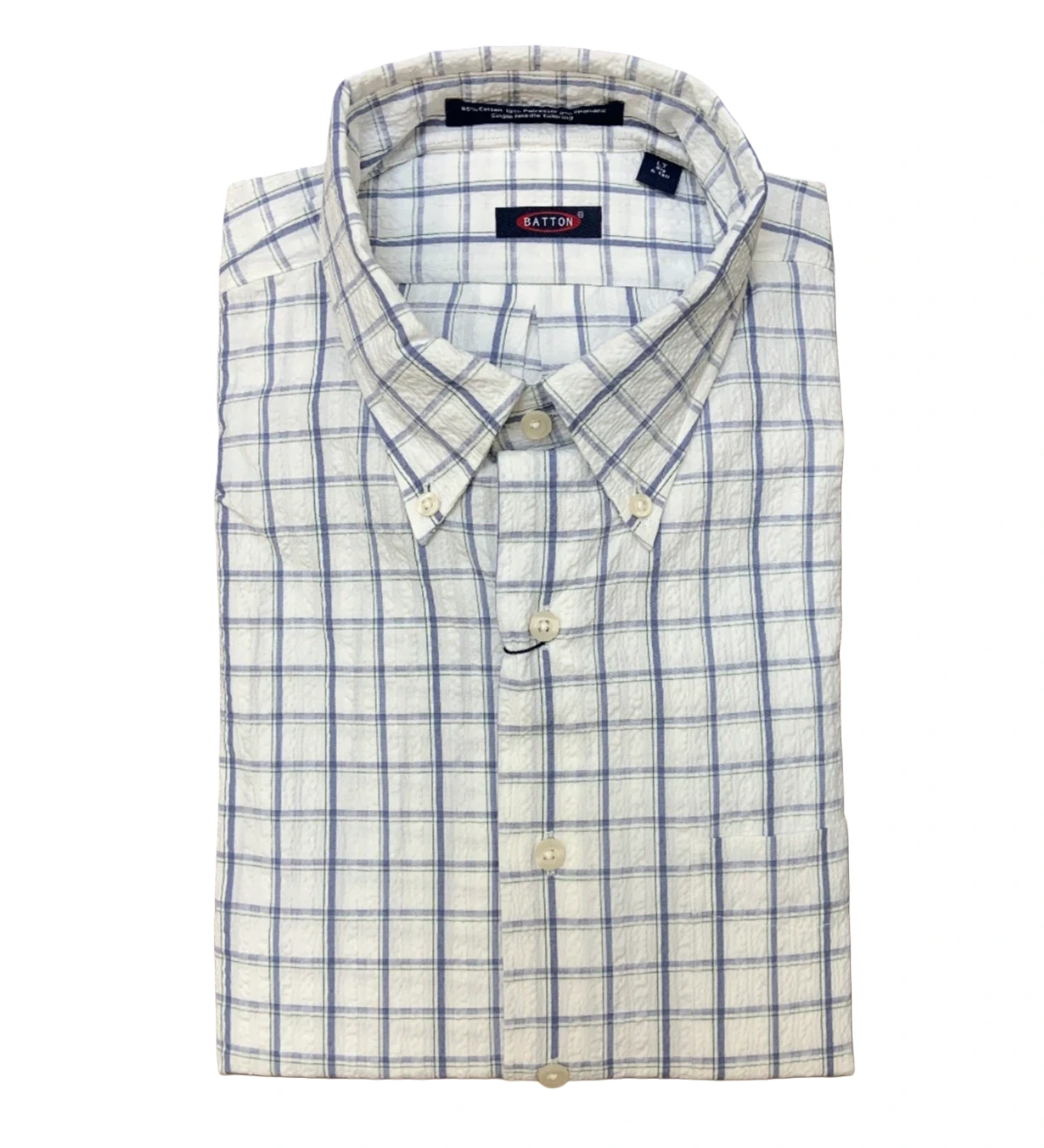 The Batton Victor Sport Shirt Big & Tall 782008-15 LS, a long-sleeve blue and white checkered shirt made from 100% cotton by Batton, is neatly folded and displayed against a white background.