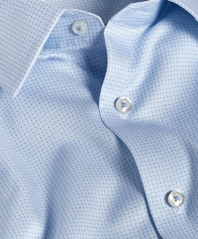 Close-up of the David Donahue Micro Geometric Print Dress Shirt TBSP13203, featuring its crisp collar, white buttons, and the refined micro geometric fabric texture.