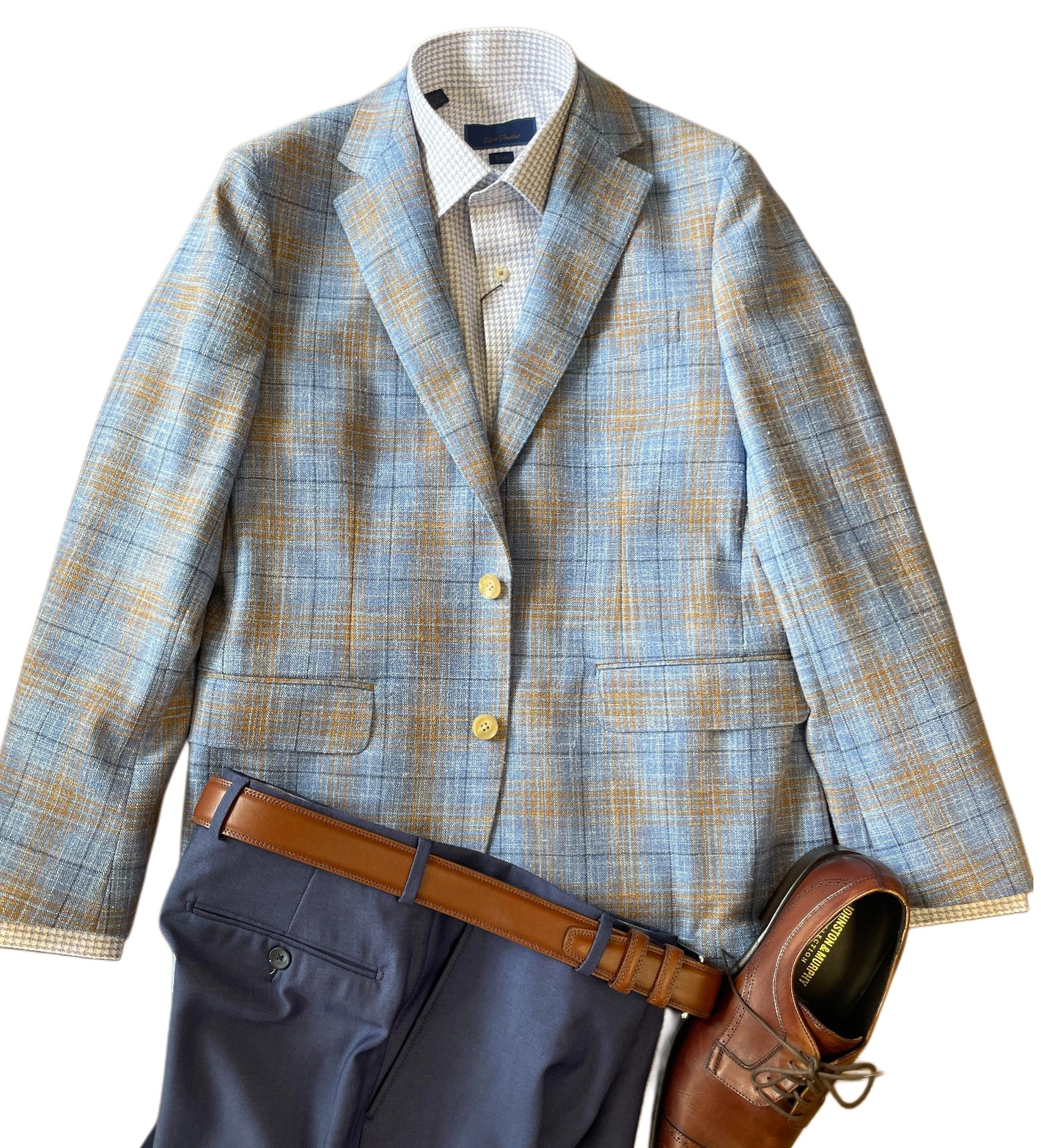A Paul Betenly Kevin Sport Coat Brown/Blue 2K5165 over a checked shirt, styled with navy pants, a brown leather belt, and brown dress shoes.