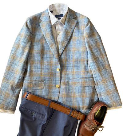 A Paul Betenly Kevin Sport Coat Brown/Blue 2K5165 over a checked shirt, styled with navy pants, a brown leather belt, and brown dress shoes.