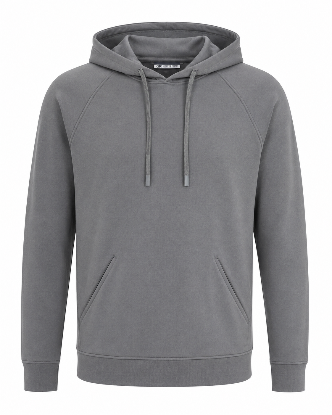 A Georg Roth Scuba Hoodie SPH by Georg Roth, made from 100% cotton in plain grey, featuring drawstrings and a front kangaroo pocket, displayed on a white background.