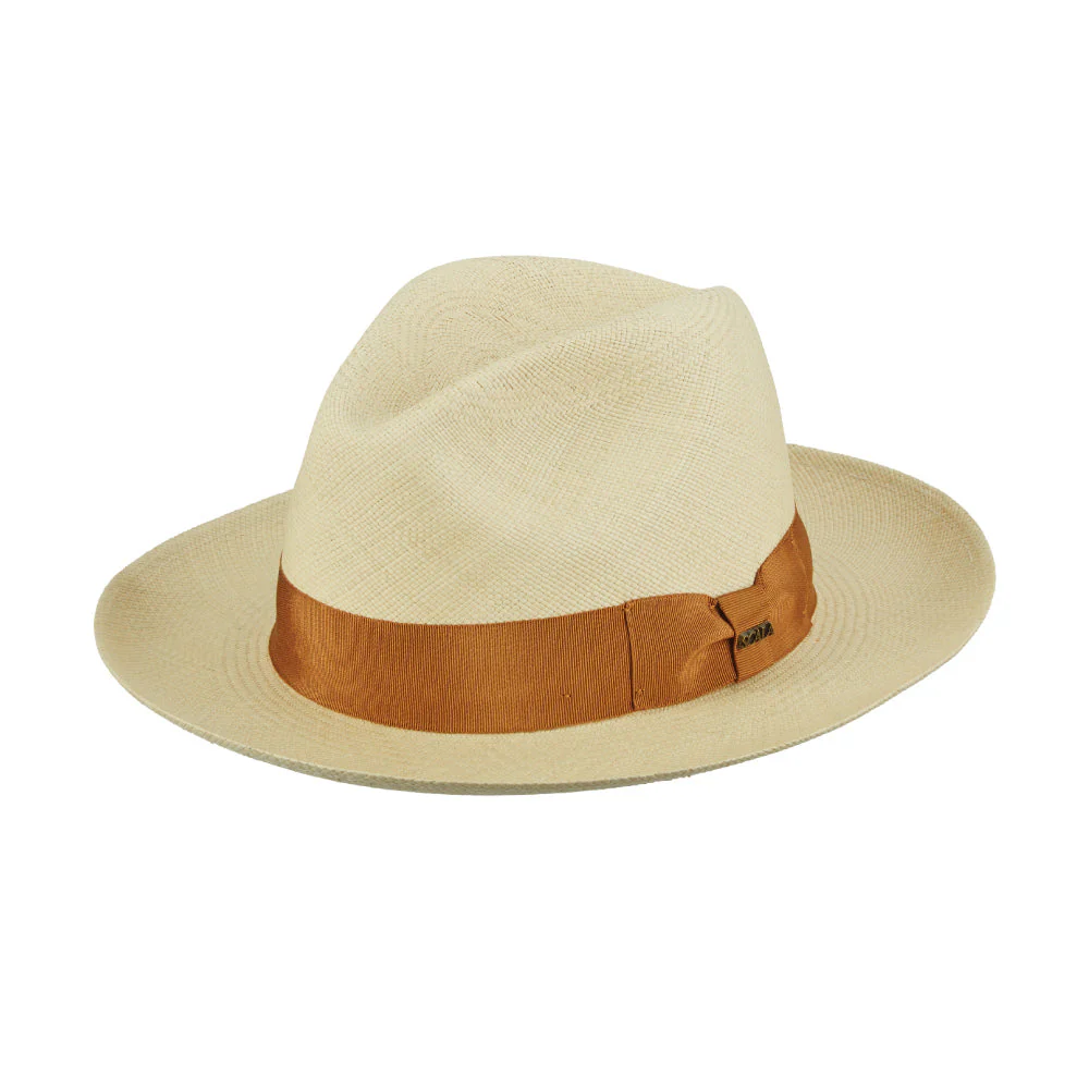 The Scala Panama Safari - Roswell P219 by Dorfman Pacific is a hand woven beige Panama straw safari hat with a wide brim and a brown ribbon band, shown against a white background.