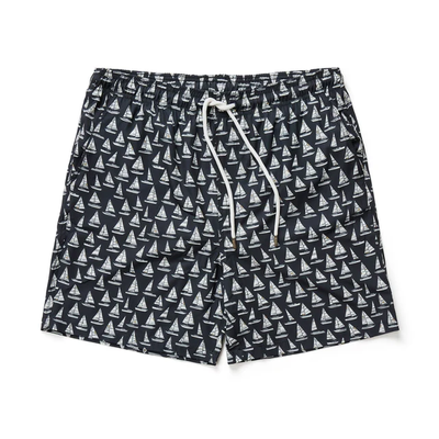 Stone Rose HELIOS - Black Sailboats Swim Shorts feature a white sailboat pattern, elastic waistband, and white drawstring—comfortable men’s swimwear inspired by our signature collection. Perfect for casual beach days.