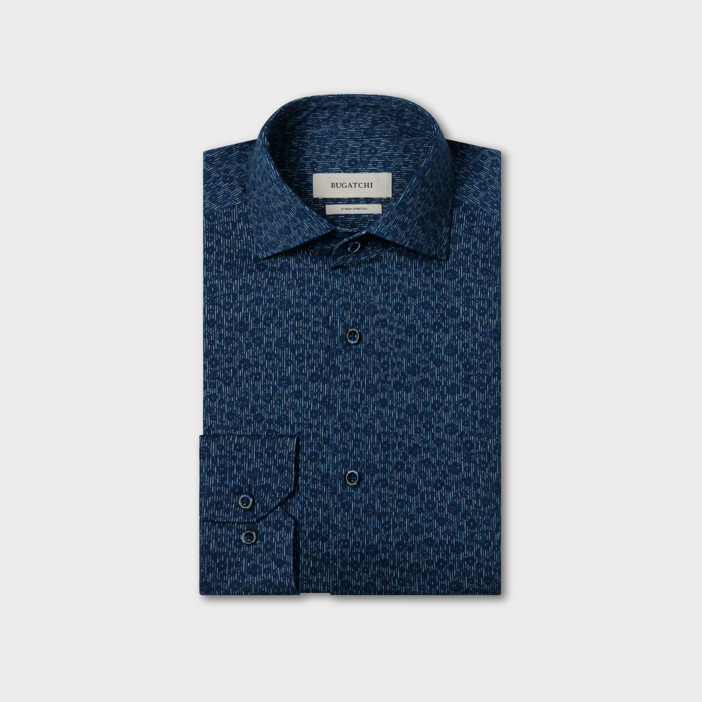 A folded long-sleeve, button-up blue Bugatchi James Floral Sport Shirt (KF9190K80) with a subtle geometric print, crafted from wrinkle-resistant performance fabric, is displayed against a plain light background.