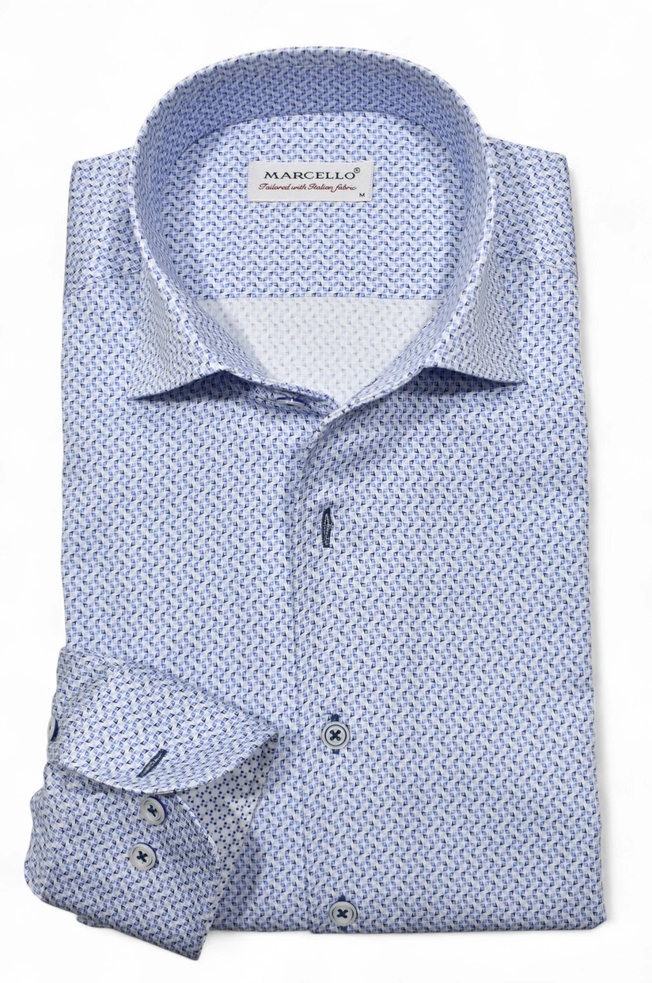 Blue patterned shirt with a collar on a white background