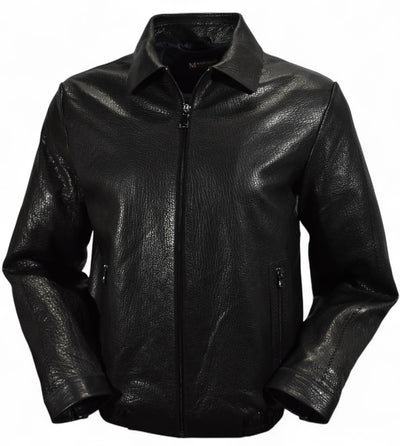 The Marcello Redondo Leather Jacket J-233 is a black zip-up crafted from supple nappa leather, featuring a collar, front pockets, and a smooth, slightly textured finish inspired by classic Marcello designs.
