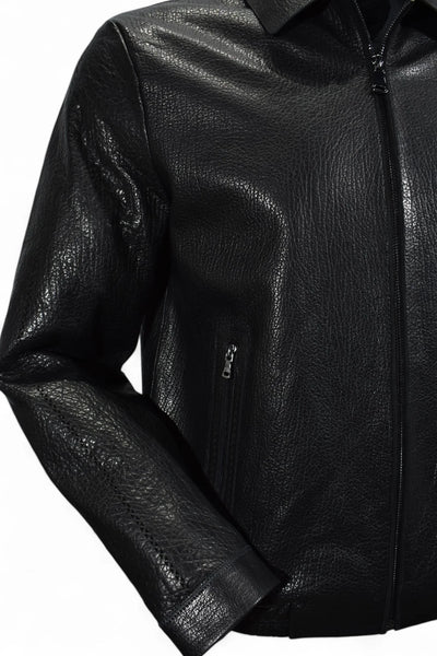 A close-up of the Marcello Redondo Leather Jacket J-233 by Marcello, in black nappa leather with a laser-cut geometric pattern, front zipper, and zippered side pocket, displayed against a white background.