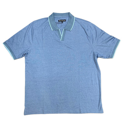 The Marcello Polo P-229 by Marcello is a light blue royal oxford polo shirt with a collar, three-button placket, and subtle green trim on the collar and sleeves, made from a cotton-poly-viscose blend, shown flat on a white background.