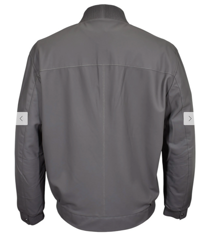 Back view of the Marcello Chevron Leather Jacket J-228 in grey, featuring a ribbed collar, cuffs, and hem with distinctive chevron-inspired contrast stitching, displayed on a white background.