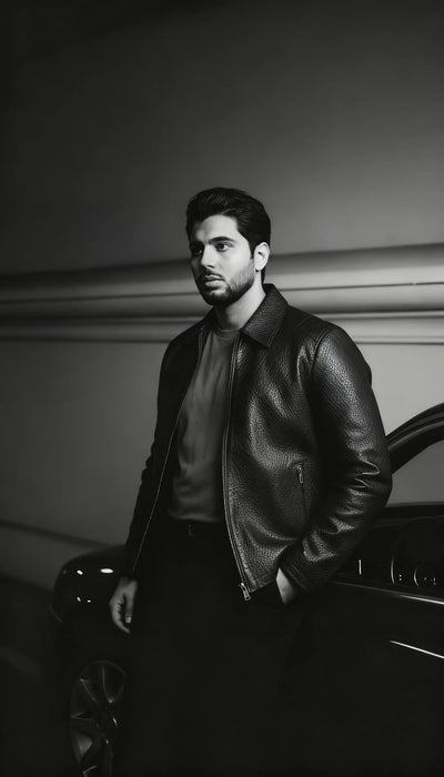 A bearded man stands beside a car, one hand in his pocket, in a black and white scene. He wears a Marcello Redondo Leather Jacket J-233 by Marcello, featuring subtle laser-cut geometric patterns on premium nappa leather.