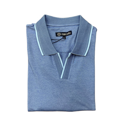 The Marcello Polo P-229 is a blue royal oxford shirt with a ribbed collar and light blue stripe, made from cotton poly viscose, shown folded on a white background.