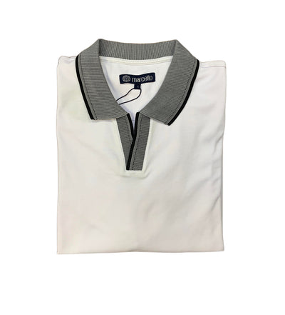 The Marcello Polo P-229 is a folded white royal oxford polo with a grey collar and black trim, crafted from cotton poly viscose, and features a Marcello label inside.