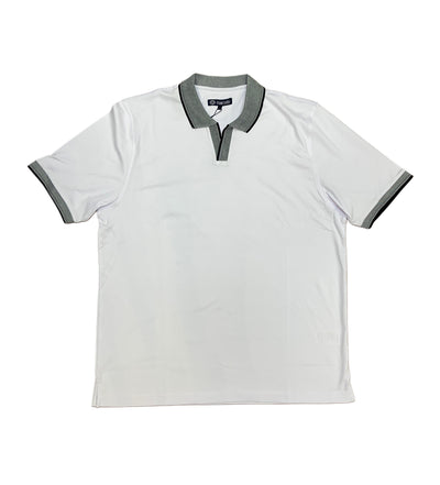 The Marcello Polo P-229 by Marcello is a white short-sleeve polo shirt with an open collar and dark gray trim on the collar and sleeves, displayed flat on a white background.