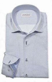 Patterned dress shirt with collar and brand label on a white background