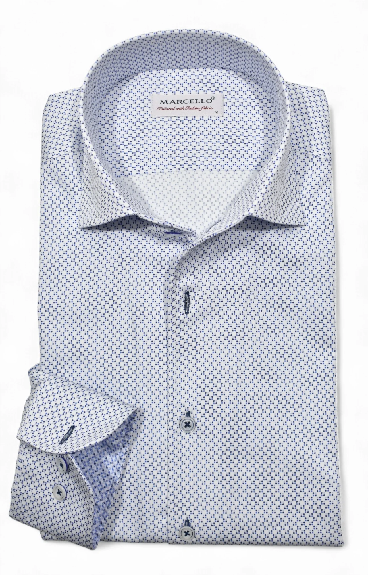 Patterned dress shirt with collar and brand label on a white background