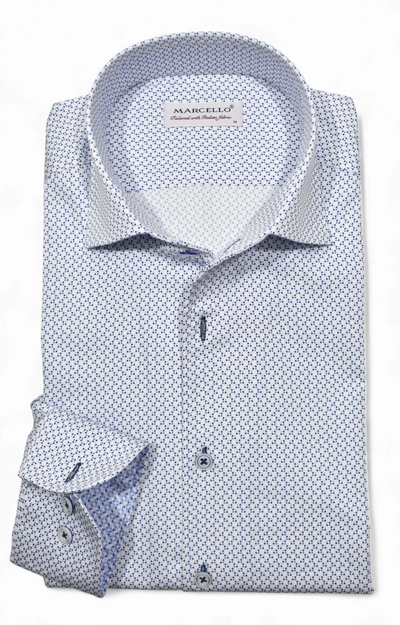 Patterned dress shirt with collar and brand label on a white background