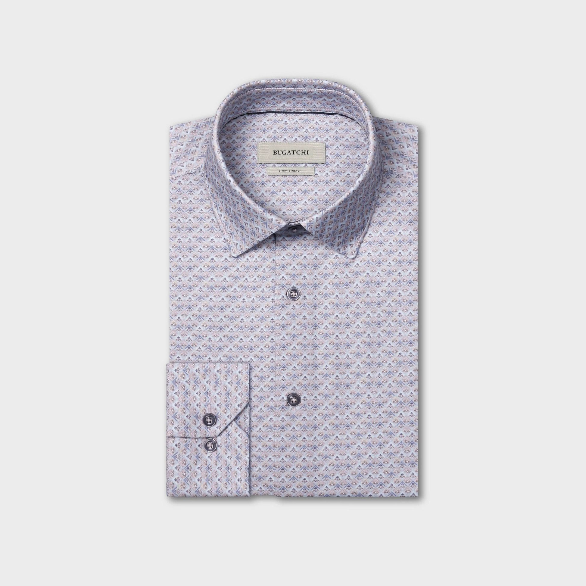 Folded, long-sleeve, button-up Bugatchi James Medallion Sport Shirt KF9062K60 with a subtle blue and white geometric pattern, crafted from breathable cotton for all-day comfort, shown against a plain white background.