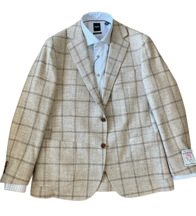 The Byron Luca Sport Coat Windowpane 9526 by Byron features a beige plaid pattern with brown buttons, displayed over a light blue checkered shirt against a white background.