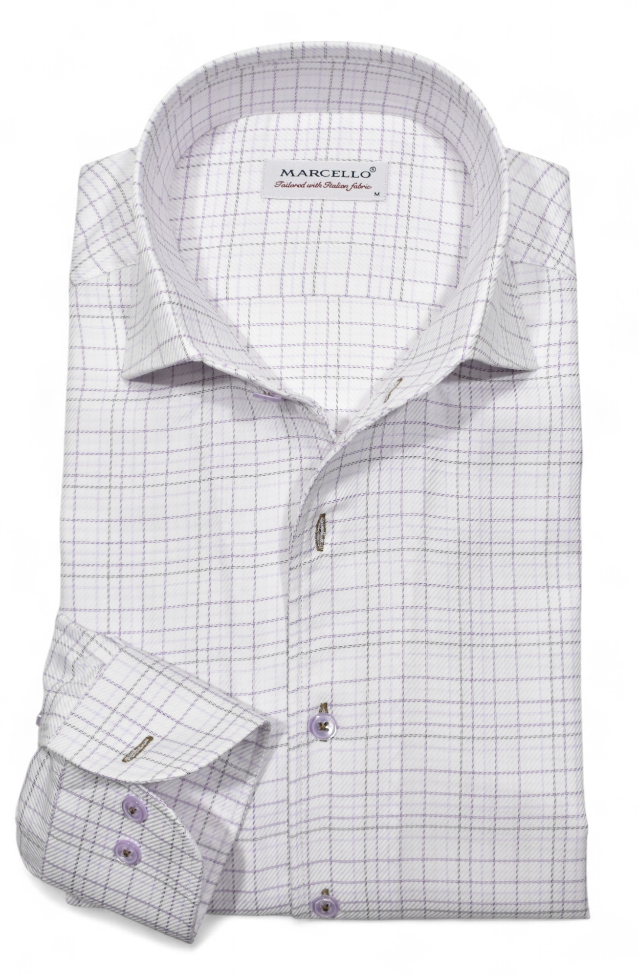 The Marcello Lilac Plaid Sport Shirt DS114 features a folded long-sleeve design with lilac and white plaid, buttoned cuffs, a visible Marcello label inside the collar, and a distinctive placket for a refined touch.