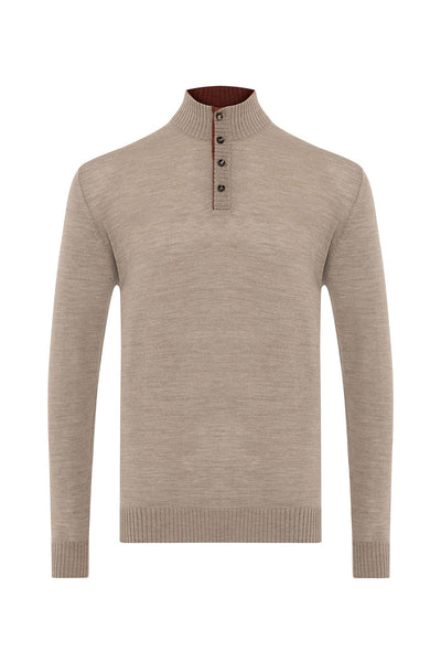 The Garnet Sweater 24220 by Garnet is a beige men’s long-sleeve Merino wool sweater with a ribbed stand collar, brown inner placket, and four-button collar closure for a refined look.