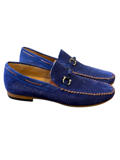 The Mezlan Tarraco Loafer is a men's blue perforated suede moc toe loafer by Mezlan, featuring decorative stitching and metal horsebit detailing, shown on a white background.