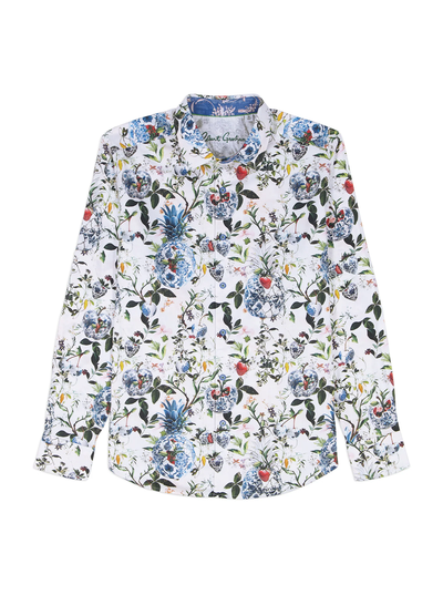 The Robert Graham Briarcliff Woven Shirt Big & Tall showcases a white base with a vibrant botanical print featuring florals and birds. Crafted from a soft cotton blend, this long-sleeve button-up from Robert Graham combines eye-catching style with comfortable wear perfect for any occasion.