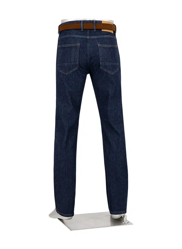 A pair of Alberto Bill 1463 Raw Denim jeans with a brown belt, displayed on a mannequin stand and shown from the back. These Alberto jeans feature a modern fit, expertly crafted to deliver both style and comfort.