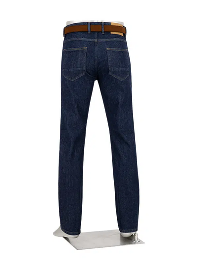 A pair of Alberto Bill 1463 Raw Denim jeans with a brown belt, displayed on a mannequin stand and shown from the back. These Alberto jeans feature a modern fit, expertly crafted to deliver both style and comfort.