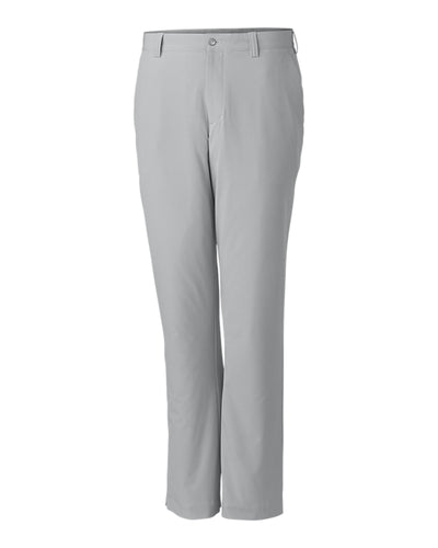 The Cutter & Buck Bainbridge Pants Big & Tall in light grey feature a flat front, belt loops, front button and zipper closure, and are crafted from DryTec fabric. Shown against a plain white background.
