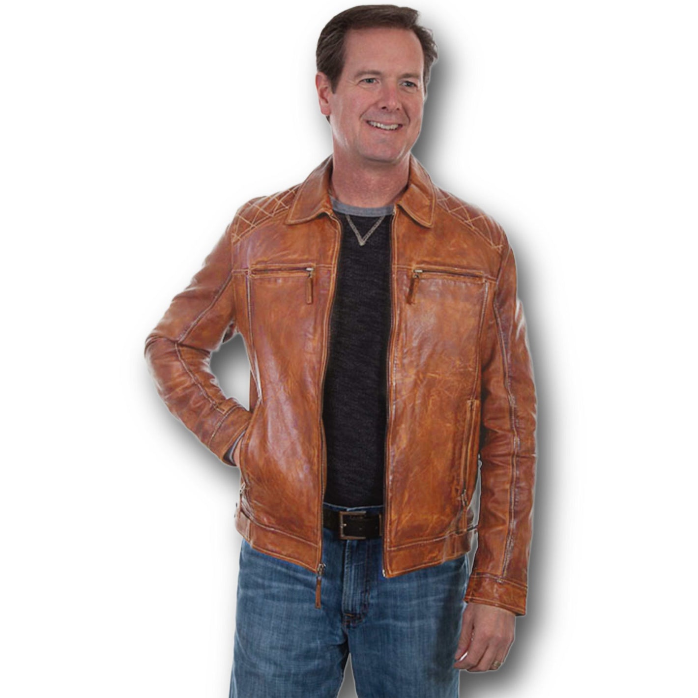 A man wears the Scully Leather Jacket 154 Big & Tall over a dark shirt and jeans, standing against a white background with a smile and one hand in his pocket.
