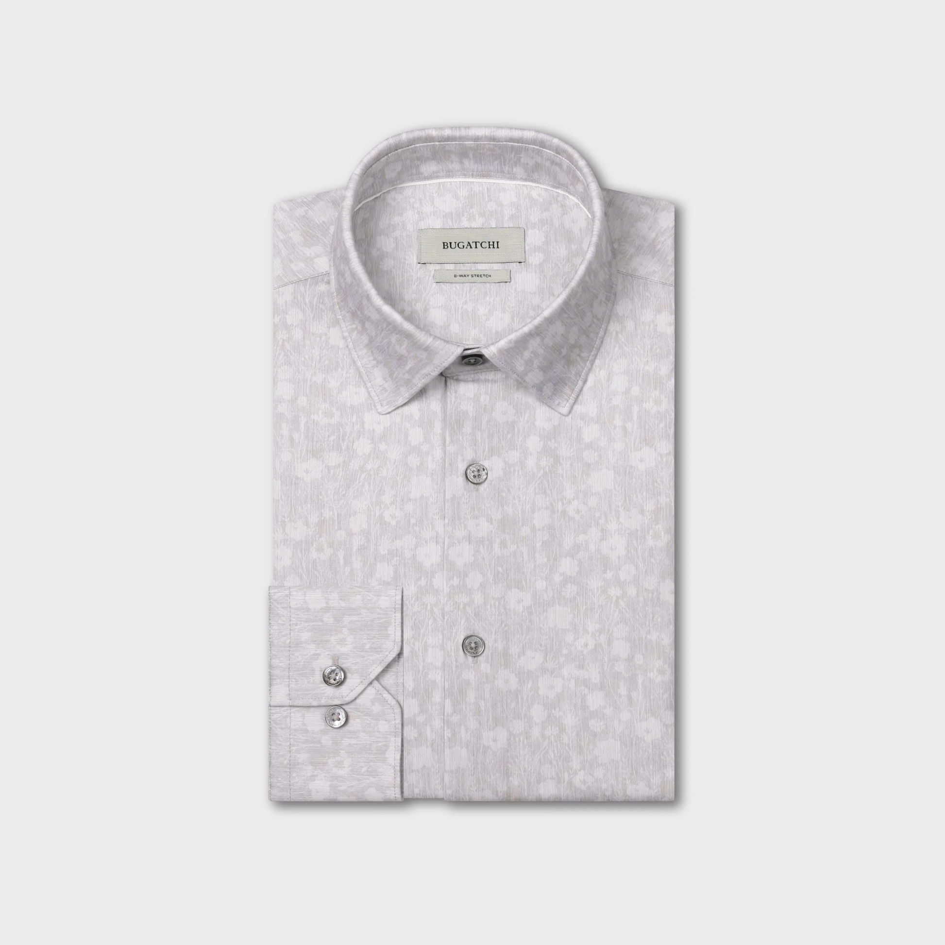 Folded light gray patterned Bugatchi James Floral Sport Shirt (KF9142K60) with a pointed collar and buttoned cuffs, featuring wrinkle-resistant fabric, displayed on a plain white background.