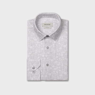 Folded light gray patterned Bugatchi James Floral Sport Shirt (KF9142K60) with a pointed collar and buttoned cuffs, featuring wrinkle-resistant fabric, displayed on a plain white background.