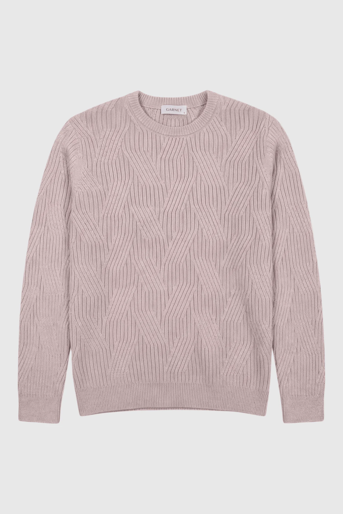 The Garnet Garrick Diamond-Pattern Crewneck Sweater 2622010 by Garnet features a light pink wool-blend with a geometric textured diamond pattern, long sleeves, and a classic crew neckline, showcased against a plain white background—an elegant choice for men’s fall fashion.