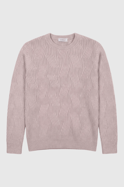 The Garnet Garrick Diamond-Pattern Crewneck Sweater 2622010 by Garnet features a light pink wool-blend with a geometric textured diamond pattern, long sleeves, and a classic crew neckline, showcased against a plain white background—an elegant choice for men’s fall fashion.