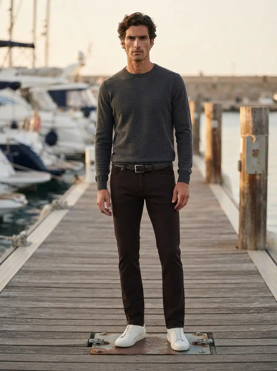 A man in a grey sweater, dark pants, and white sneakers stands on a wooden dock with boats and water in the background. His outfit is completed with the Alberto Pipe 1607 Jeans by Alberto—sleek stretch cotton trousers designed in a classic five-pocket model for both style and comfort.
