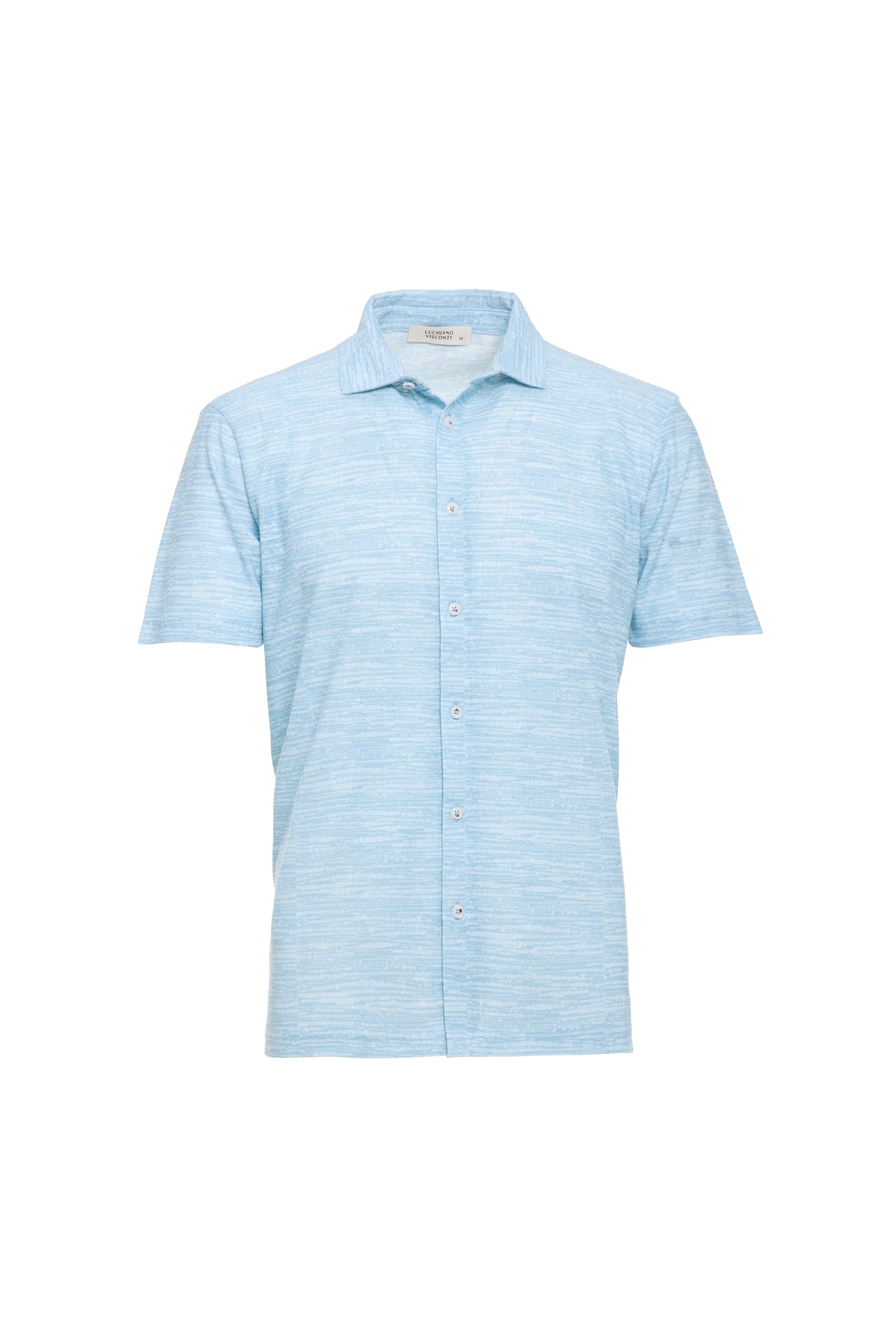 The Luchiano Visconti Visconti Printed Como Knit Short Sleeve Shirt (MORLSS54) features a light blue hue, subtle textured pattern, and Italian-inspired design, shown against a plain white background.