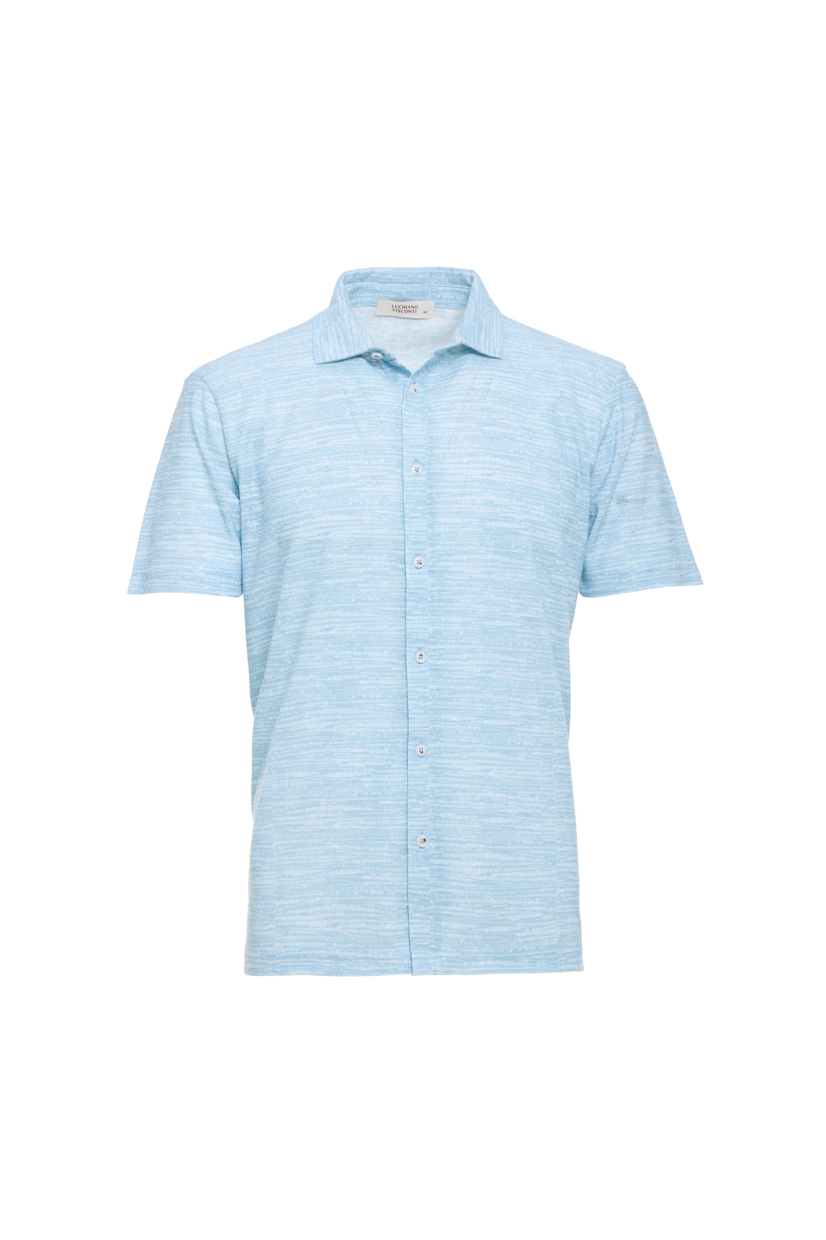 The Luchiano Visconti Visconti Printed Como Knit Short Sleeve Shirt (MORLSS54) features a light blue hue, subtle textured pattern, and Italian-inspired design, shown against a plain white background.