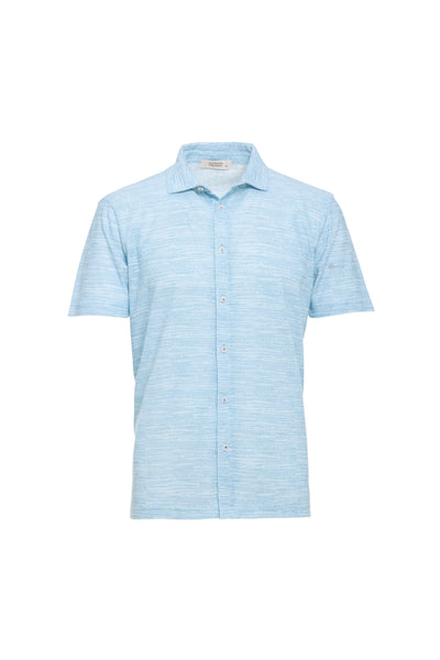 The Luchiano Visconti Visconti Printed Como Knit Short Sleeve Shirt (MORLSS54) features a light blue hue, subtle textured pattern, and Italian-inspired design, shown against a plain white background.