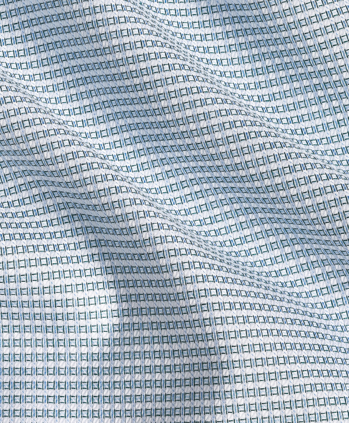 Close-up of the David Donahue Green & Sky Micro Dobby Dress Shirt TBSP13002 fabric: light blue and green squares outlined by blue, featuring a wavy micro dobby texture.