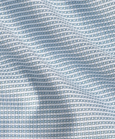 Close-up of the David Donahue Green & Sky Micro Dobby Dress Shirt TBSP13002 fabric: light blue and green squares outlined by blue, featuring a wavy micro dobby texture.