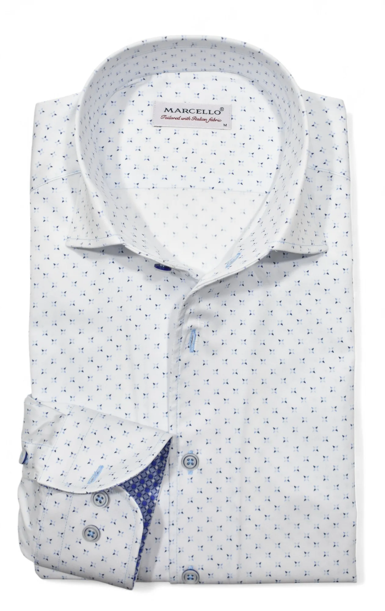 The Marcello OP Star Medallion Sport Shirt W114 is a classic-fit white shirt with a subtle blue pattern, contrast inner cuff and collar details, crafted from cotton sateen and featuring the Marcello label inside the collar.