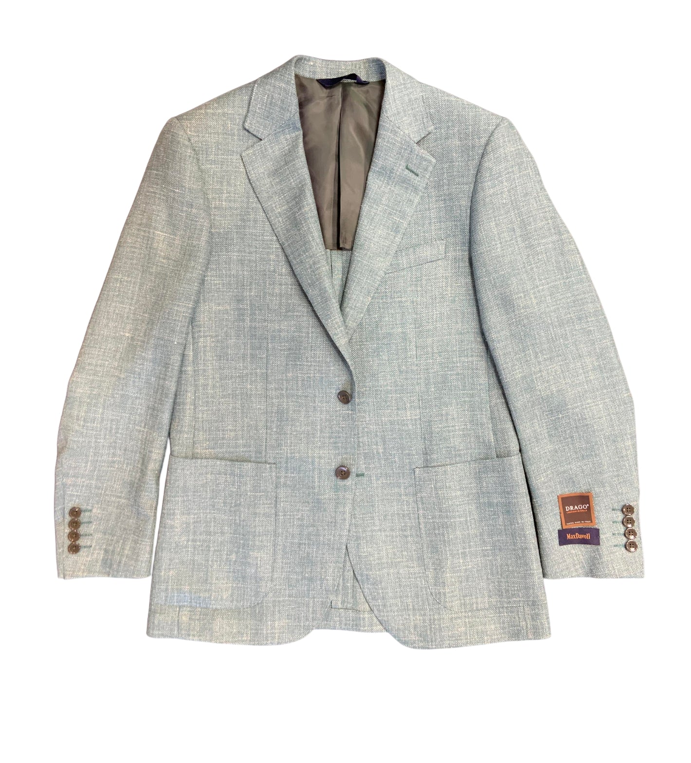 The Baroni MaxDavoli 208/36 Sport Coat features light gray textured wool-silk-linen fabric, two buttons, notched lapel, three front pockets, and a brown designer label on the left sleeve near the cuff.