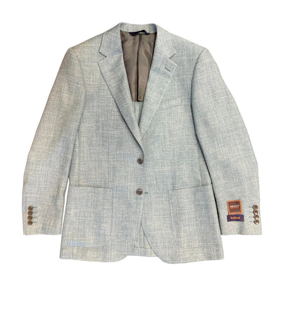 The Baroni MaxDavoli 208/36 Sport Coat features light gray textured wool-silk-linen fabric, two buttons, notched lapel, three front pockets, and a brown designer label on the left sleeve near the cuff.